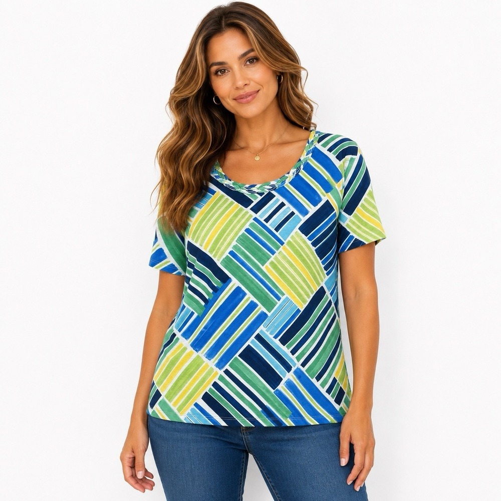 Alfred Dunner Women's Top 1X Blue Striped Braided Neckline Short Sleeve Knit